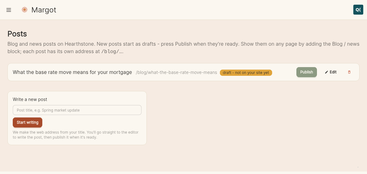 The dashboard screen for Blog and news